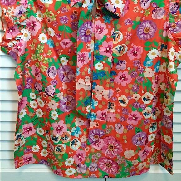 🌸NWOT Orange Floral Silk Bow Tie Ruffle Top (M)🌸 - Picture 4 of 14